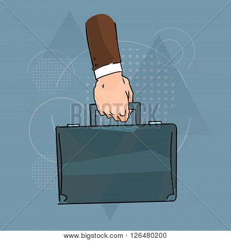Business Man Hand Hold Brief Case Over Triangle Geometric Background Flat Vector Illustration
