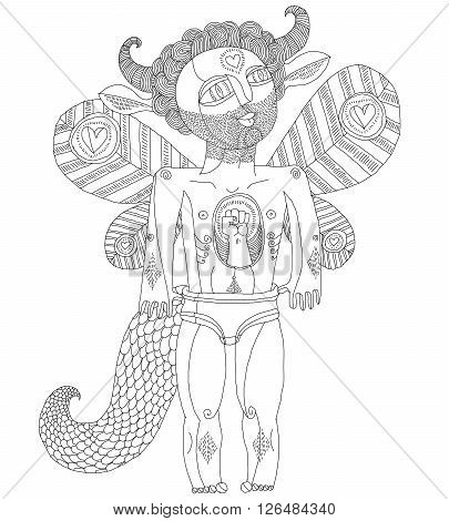 Vector Hand Drawn Graphic Illustration Of Bizarre Creature, Cartoon Nude Man With Wings, Animal Side