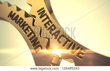 Interactive Marketing on the Mechanism of Golden Gears with Glow Effect. Interactive Marketing on Golden Metallic Cogwheels. Interactive Marketing Golden Gears. 3D Render.