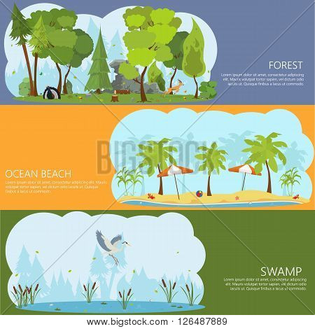 horizontal banners on the theme of landscapes of nature. Forest Lake. ocean shore. City Park. shore of a tropical island. swamp forest. vector.