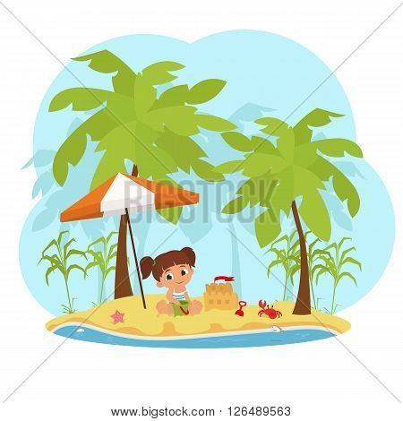 cute little girl playing with sand on tropical beach. vector