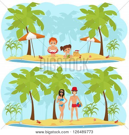 horizontal isolated illustration with people relaxing on the beach of a tropical island. children on the beach building a sand castle. Valentine couple relaxing on the beach. vector.