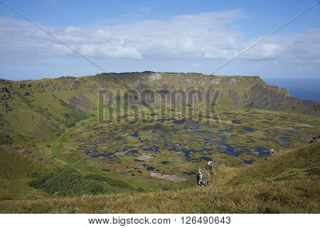 Caldera of the extinct volcano Rano Kau within the UNESCO World Heritage Site of Rapa Nui National Park on Easter Island.