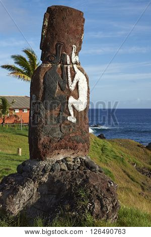 Lone moai statue on the coast of Rapa Nui (Easter Island) in the capital Hanga Roa.