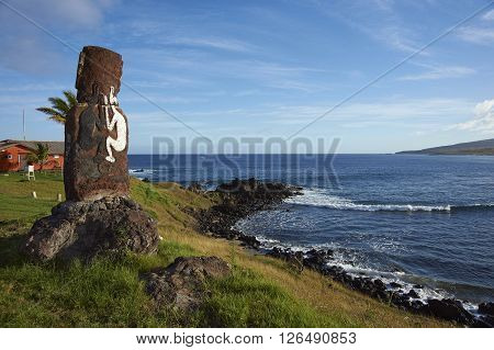 Lone moai statue on the coast of Rapa Nui (Easter Island) in the capital Hanga Roa.