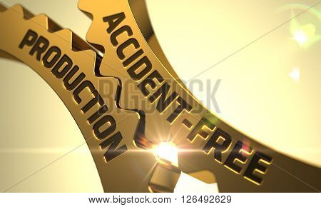 Accident-Free Production on Mechanism of Golden Gears with Lens Flare. 3D Render.