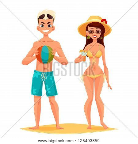 Boy and girl on holiday, vector cartoon illustration, couple on beach, guy with glasses swimming trunks, a hat girl in a bathing suit, cocktail, couple relaxing on beach in summer, two isolated human
