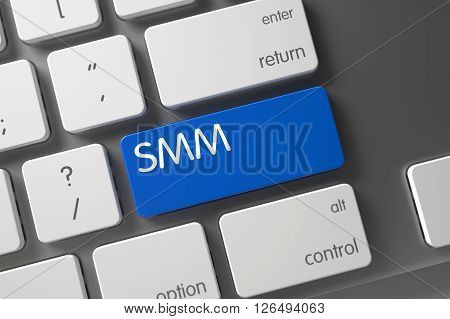 SMM Concept Metallic Keyboard with SMM on Blue Enter Keypad Background, Selected Focus. SMM Key on Metallic Keyboard. Slim Aluminum Keyboard Key Labeled SMM. 3D.