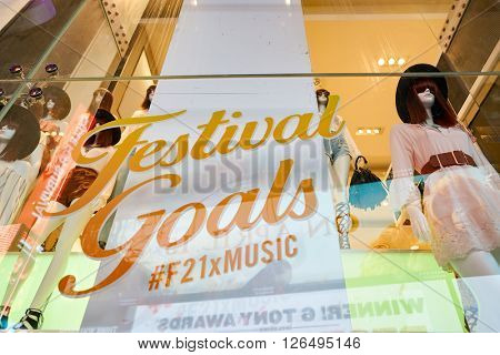 NEW YORK - MARCH 19, 2016: shopwindow of Forever 21 in New-York. Forever 21 is an American chain of fast fashion retailers with its headquarters in Los Angeles.