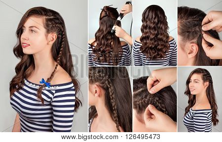 one-side hairstyle on curly hair tutorial. Hairstyle for long hair. Sea style.