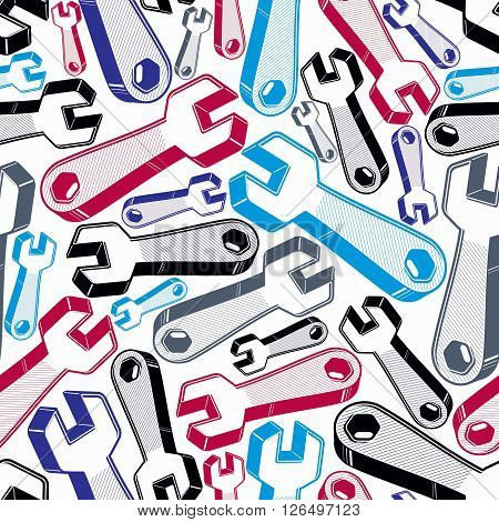 Seamless vector background with detailed 3d wrenches. Work tools three-dimensional spanners. Repair instruments backdrop for use in design and as wrapping paper.