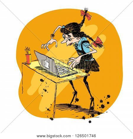 Girl and laptop vector illustration. Schoolgirl and computer education. Children and technology