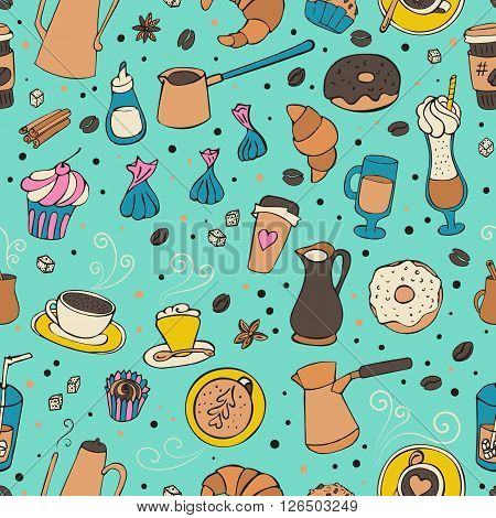Seamless vector illustration with coffee, spices, sweers and bakery.