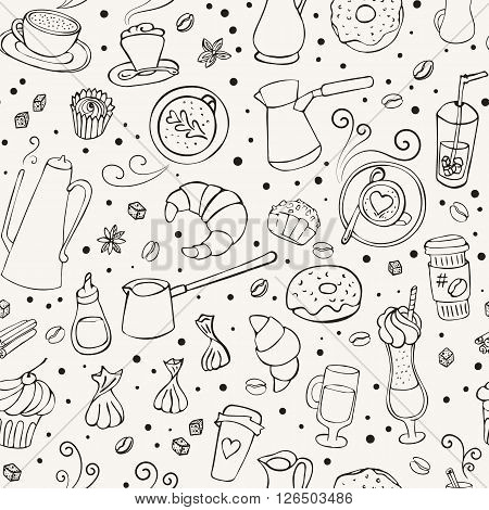 Seamless vector illustration with coffee, spices, sweers and bakery.