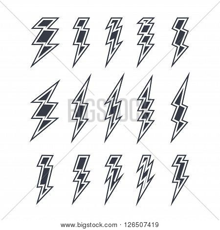 Set of lightning doodle isolated on white background, black silhouette, vector illustration