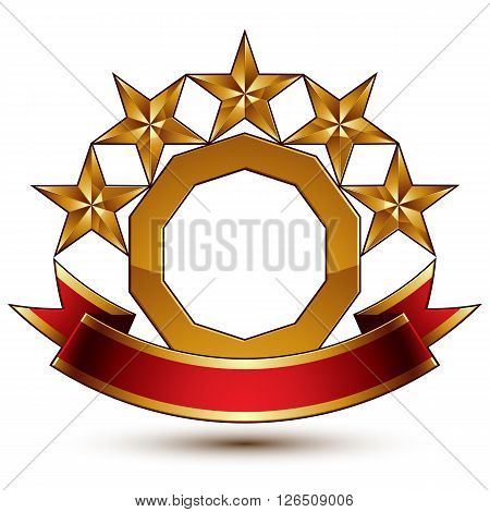 Majestic Vector Golden Ring Isolated On White Background, 3D Polished Five Golden Stars. Heraldic Br
