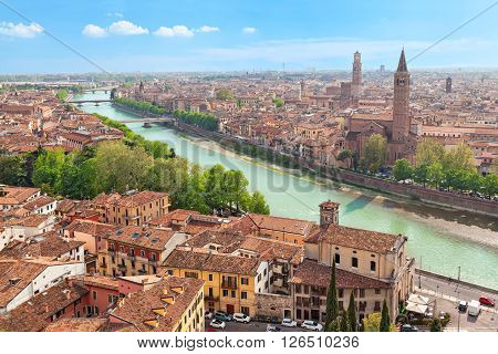 Aerial view on Verona and Adige river on sunny day Italy