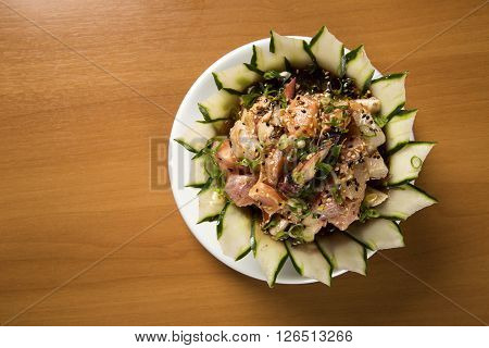 Bowl Of Chirashi Sushi With Mixed Raw Fish And Salmon