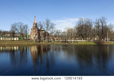 Tsarskoye Selo, Russia -April 16, 2016: Stone building with Gothic Kirch Resurrection in Pushkin - Lutheran church in the town of Pushkin, Pushkin parish center Evangelical Lutheran Church of Ingria. April 17, 1865, the day of the birth of Emperor Alexand