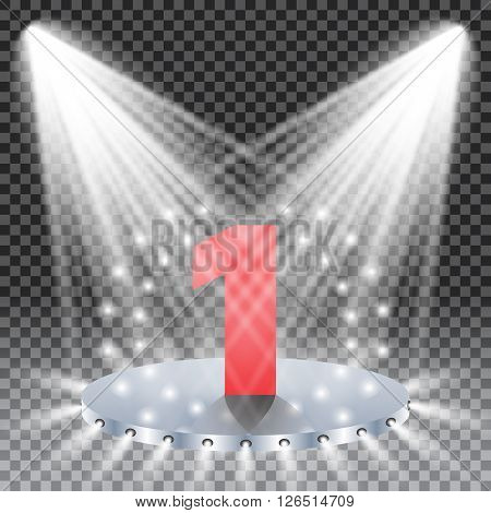 two spotlights illuminate the podium with one steps, number one, winner concept, vector illustration.