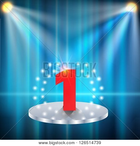 two spotlights illuminate the podium with one steps, number one, winner concept, vector illustration.