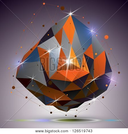 Creative asymmetric polished object with lines mesh. 3d colorful shiny complicated engineering abstraction with lights effect. Bright netting modeling element.
