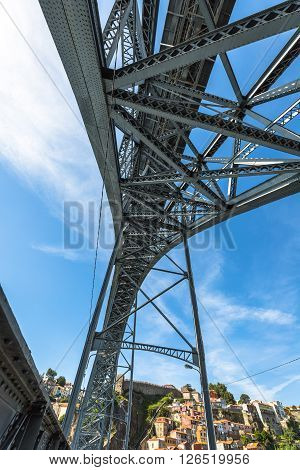 City of Porto in Portugal. Ponte Luiz I Bridge over Douro river and historic architecture of the Old Town.