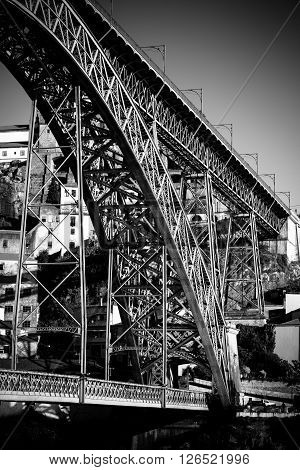 City of Porto in Portugal. Ponte Luiz I Bridge over Douro river and historic architecture of the Old Town.