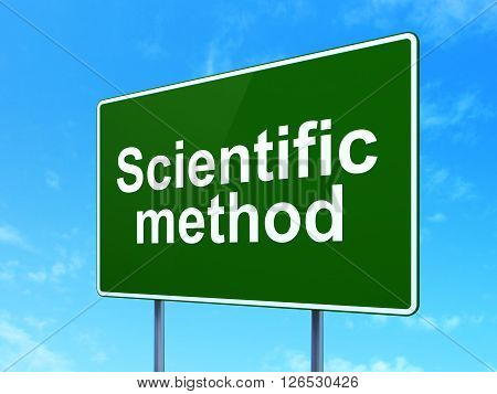 Science concept: Scientific Method on green road highway sign, clear blue sky background, 3D rendering