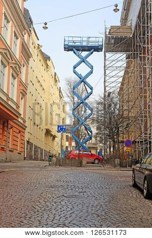 Helsinki, Finland - April, 4, 2016: construction lift in Helsinki, Finland
