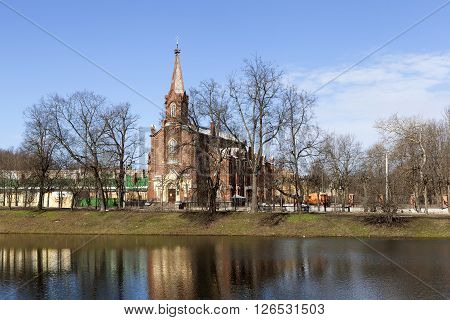 Tsarskoye Selo, Russia -April 16, 2016: Stone building with Gothic Kirch Resurrection in Pushkin - Lutheran church in the town of Pushkin, Pushkin parish center Evangelical Lutheran Church of Ingria. April 17, 1865, the day of the birth of Emperor Alexand