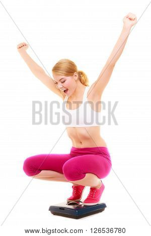 Happy Woman Weighing Scale. Slimming Weight Loss.