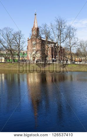 Tsarskoye Selo, Russia -April 16, 2016: Stone building with Gothic Kirch Resurrection in Pushkin - Lutheran church in the town of Pushkin, Pushkin parish center Evangelical Lutheran Church of Ingria. April 17, 1865, the day of the birth of Emperor Alexand
