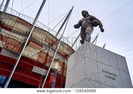 Warsaw, Poland - April 09, 2016: A statue of legendary Polish football coach Kazimierz Gorski. Kazimierz Gorski was the coach for the Polish national team in 73 matches with 45 wins.