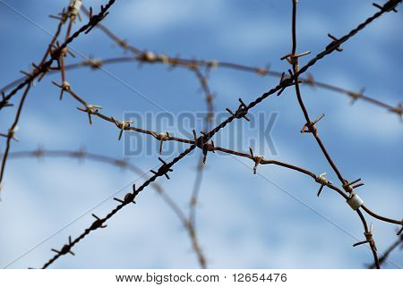 Arame farpado em fundo de céu azul
