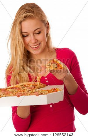 Woman With Big Pizza In Carton Box Can't Wait To Eat It.