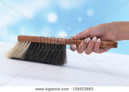 woman hand holding a dust and brush