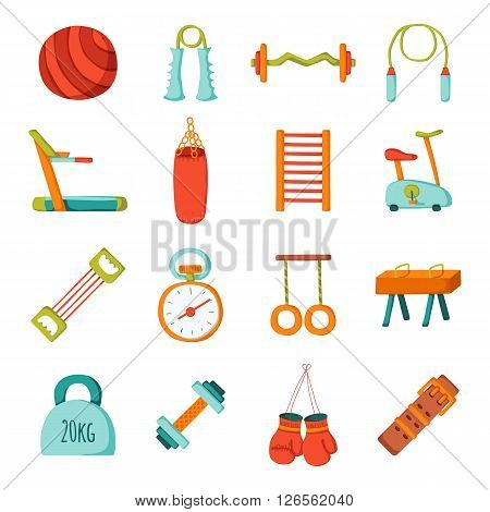 Set of cartoon gym icons. Sport healthy life concept. Fitness equipment design. Sport gym cartoon objects. Indoor gym equipment. Fitness activity concept. Cartoon fitness club equipment