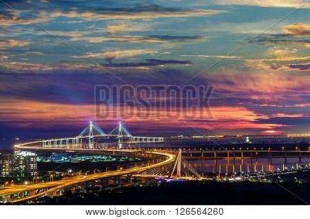 Sunset Of Incheon Bridge At Night,seouth Korea
