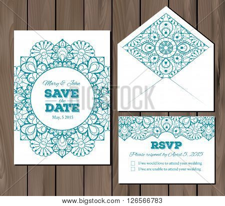 Wedding set with lace elements. Save the date invitation, RSVP card, envelope template on a wooden background. Seamless illustrator swatch for background included. Free fonts used - Nexa Rust, Alex Brush, Crimson