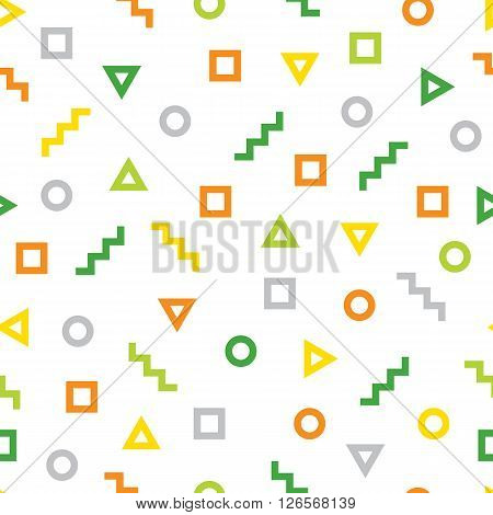 Geometric pattern consisting of different figures. Geometric figures - square triangle zig zag and circle. Colorful seamless background.