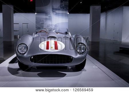 Los Angeles, CA, USA -- April 16, 2016: Silver and Red 1957 Ferrari 625/250 Testa Rossa by Scaglietti from the Collection of Bruce Meyer at the Petersen Automotive Museum in Los Angeles, California, United States.
** Note: Shallow depth of field