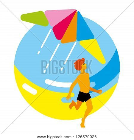 The boy starts a kite in the sky. Summer