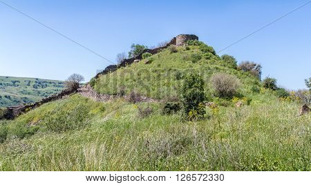 Archaeological site of ancient Jewish city of Gamla on the hill in Israel