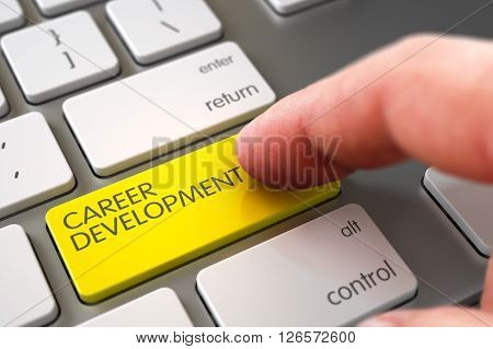 Man Finger Pushing Career Development Yellow Keypad on Laptop Keyboard. Computer User Presses Career Development Yellow Key. Hand of Young Man on Career Development Yellow Button. 3D.