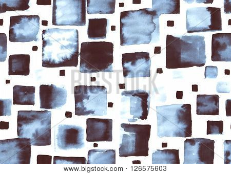 Abstract seamless pattern with watercolor and ink blue squares on white background. Hand-drawn background. Template for design.
