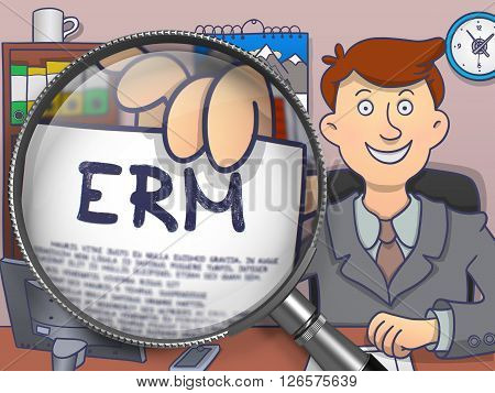 ERM - Enterprise Risk Management. Business Man in Office Workplace Showing Text on Paper through Lens. Multicolor Modern Line Illustration in Doodle Style.