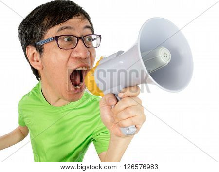 Asian Chinese Man Shouting With A Megaphone