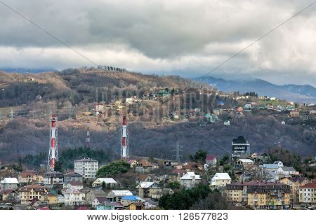 Houses on the background of mountains. Sochi. Russia