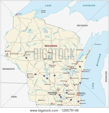 Road map of the US American Federal State Wisconsin